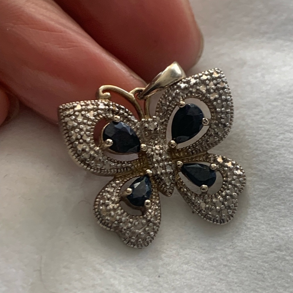 Ross Simons signed butterfly marcasite and onyx pendant